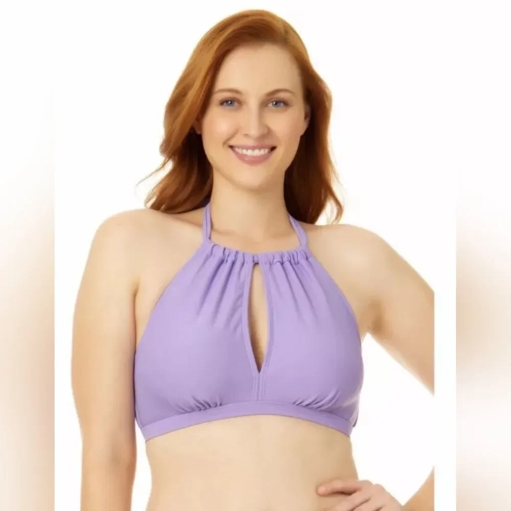 Time & Tru Women's L 12/14 Keyhole Halter Top + High Waisted Bikini Lavender NWT